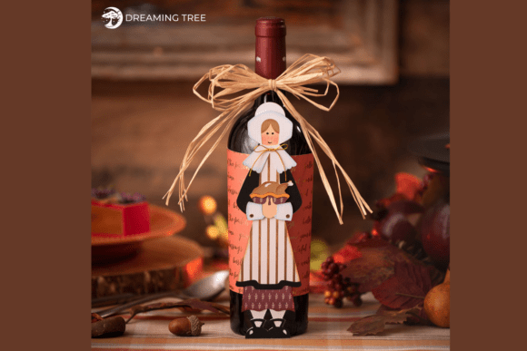 Pilgrim Girl Wine Bottle Wrapper SVG: A 3D Thanksgiving Asset